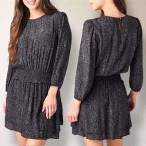 Rails Black Python Inez Mini Dress Smocked Waist Long Sleeve Pullover Boho Small